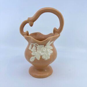 vintage weller pottery peach basket with white floral cameo ornate handle